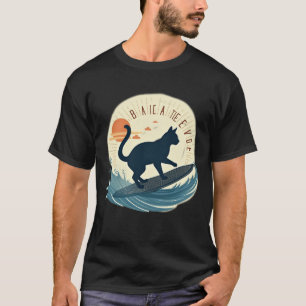 Camiseta Gato Surfista Silhueta Abstrato Retro Ondas da Pra