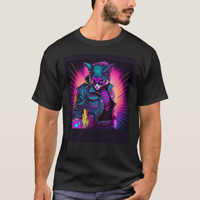 Camiseta Gato Synthwave Retrô Vibe dos Anos 80 (Frente)