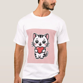 Camiseta Gato Tabby Branco Kawaii Fofo Segurando Coração Ve