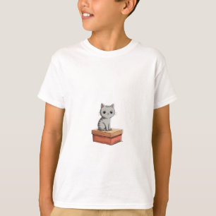 Camiseta Gato Tabby Cinza Sentado na Caixa Vermelha Criança