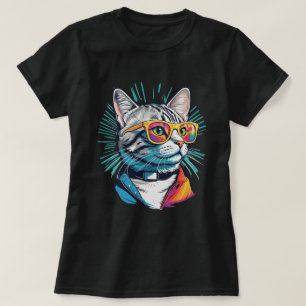Camiseta Gato Tabby de Óculos de Sol Jaqueta de Punk Rock