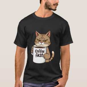 Camiseta Gato Tabby Mal-Humorado Engraçado Café Primeiro da