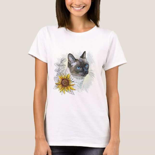 Camiseta Gato tailandês engraçado desenhando mão com flores (Frente)