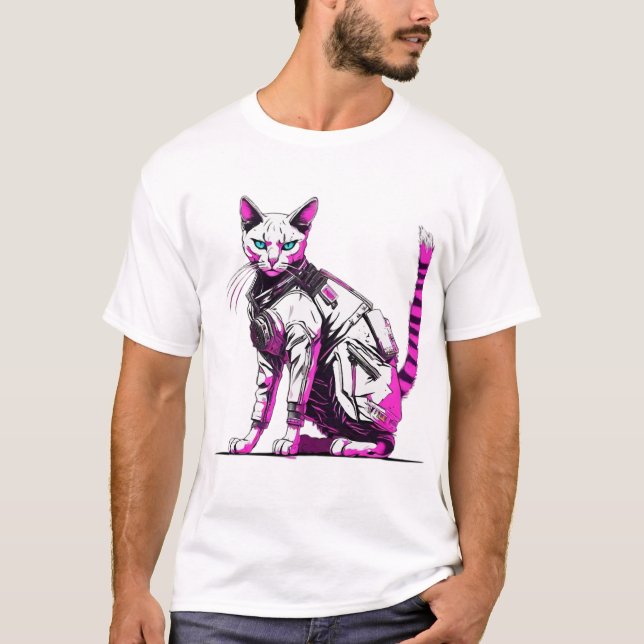 Camiseta Gato Tático Cyberpunk em Arte Neon (Frente)