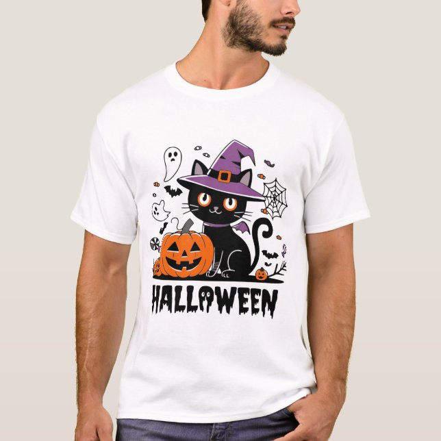 Camiseta Gato Testemunha com Pumpkins - Diversão do Hallowe (Frente)