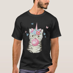 Camiseta Gato Tigre Tabby Cinza Com Unicórnio de Bala Feliz