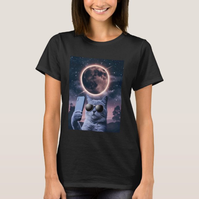 Camiseta Gato tirando uma selfie com Eclipse Lunar Total Ma (Frente)