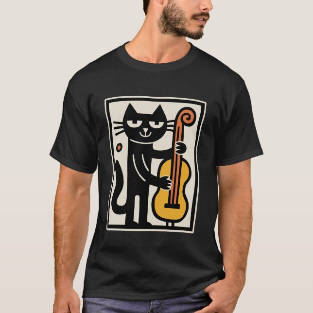 Camiseta Gato Tocando Música de Contrabaixo Vertical (Frente)