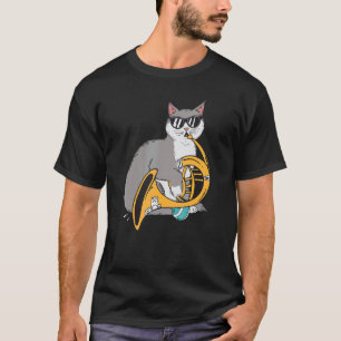Camiseta Gato Tocando Trompa Francesa Tocando Música Óculos