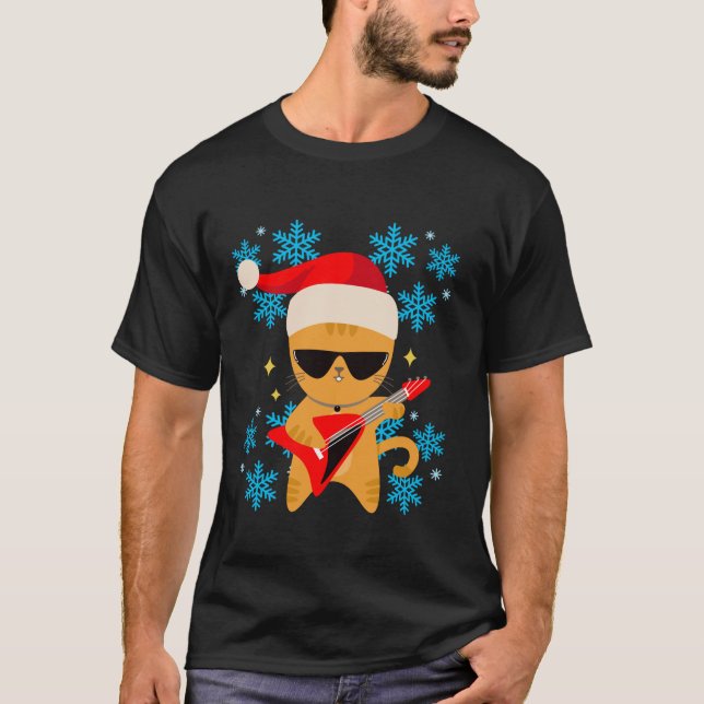 Camiseta Gato Tocando Violão Com Óculos De Sol Santa Hat Ch (Frente)