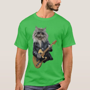 Camiseta Gato Tocando Violão Rock Star Rock and Roll Para H