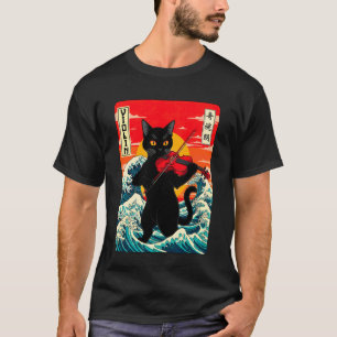Camiseta Gato Tocando Violino Japonês Retro Onda do Mar Pôr