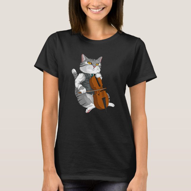 Camiseta Gato Tocando Violoncelo instrumento musical de vio (Frente)