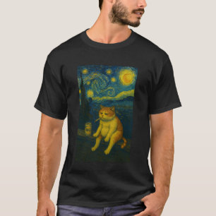 Camiseta Gato Triste de Cerveja na Noite Estrelada Fumando