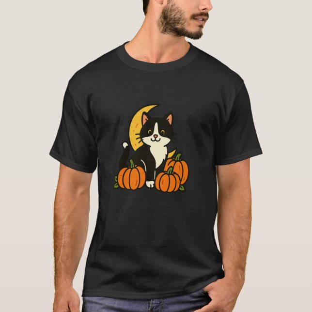 Camiseta Gato Tuxedo Abóbora Assustadora Gatinho da Lua (Frente)