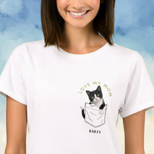 Camiseta Gato Tuxedo Adorável no Bolso Nome Personalizado