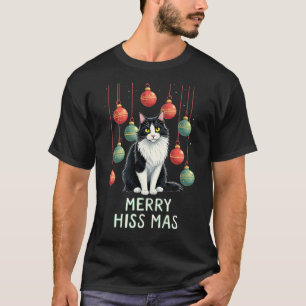 Camiseta Gato Tuxedo de Natal com Decorações de Feriado Mer