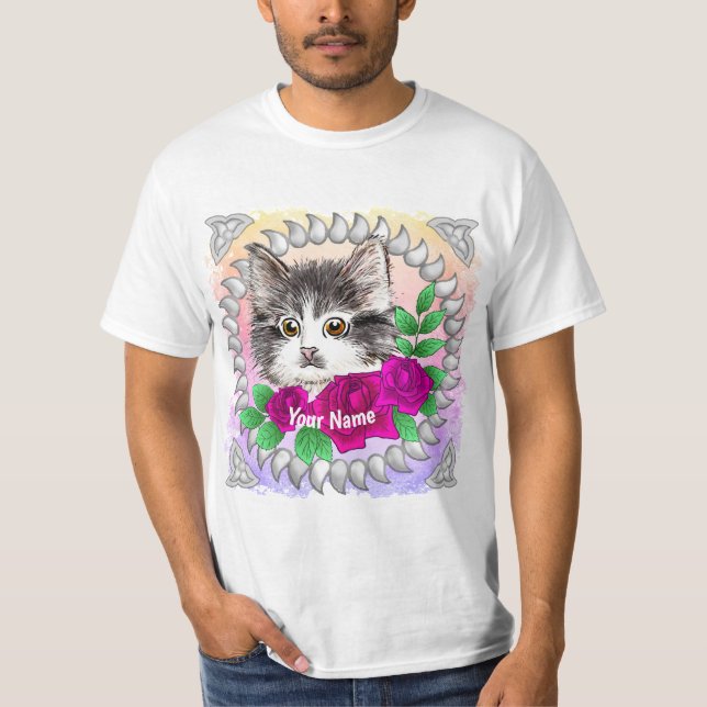 Camiseta Gato Tuxedo de Rosas Rosa (Frente)