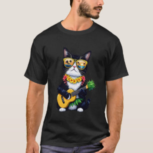 Camiseta Gato Tuxedo Havaiano & Ukulele de Abacaxi Férias d
