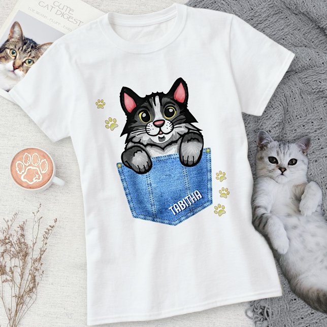 Camiseta Gato Tuxedo no bolso Faux Denim com nome personali (Criador carregado)