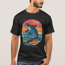 Camiseta Gato Tuxedo Skateboardista Retro 70s 80s Gráfico d