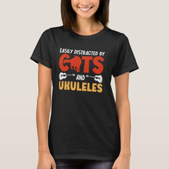 Camiseta Gato Uke de Ukulele Havaiano Facilmente Distraído  (Frente)