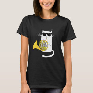 Camiseta Gato Usando Óculos de Sol Toca Trompa Francesa Ho