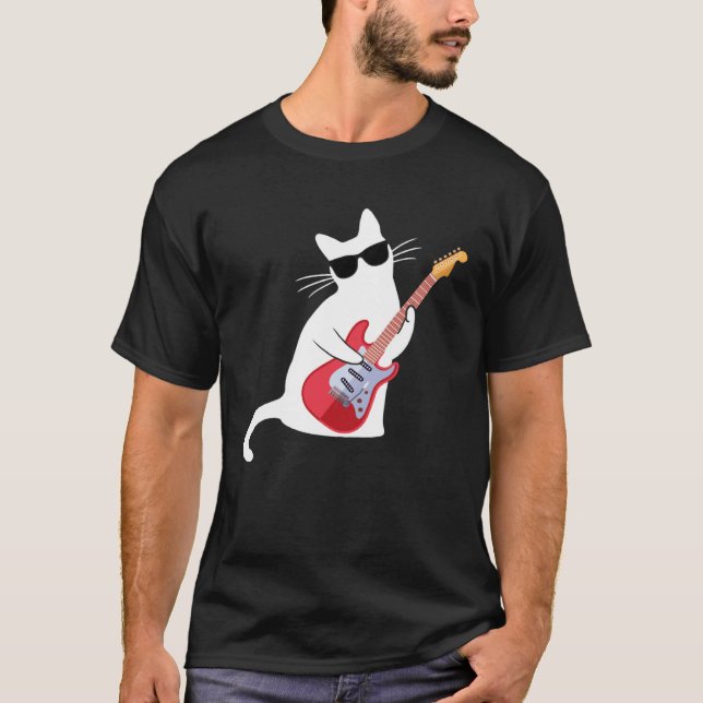 Camiseta Gato Usando Óculos de Sol Tocando Baixo (Frente)