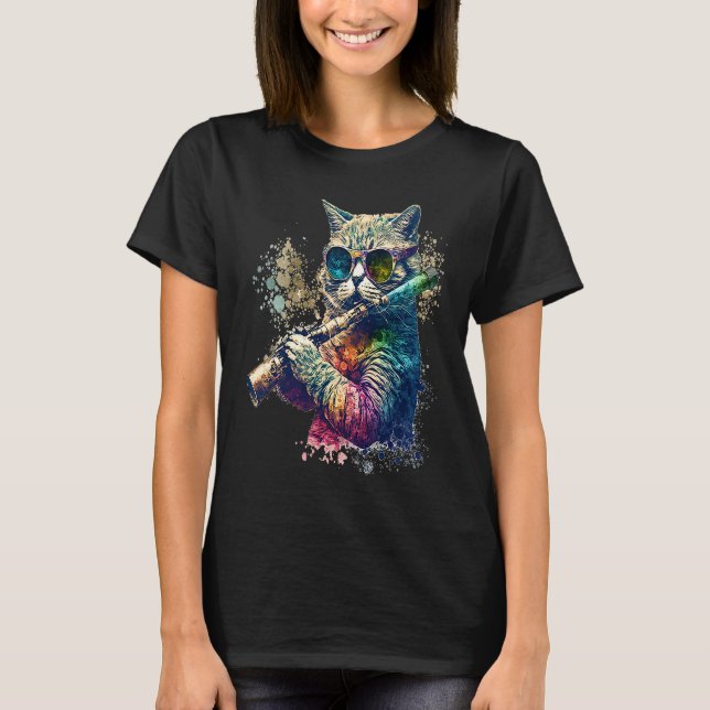 Camiseta Gato Usando Óculos de Sol Tocando Flauta Colorido  (Frente)