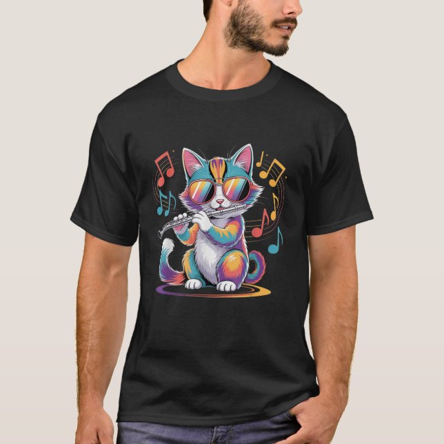 Camiseta Gato Usando Óculos de Sol Tocando Flauta Gato Colo (Frente)