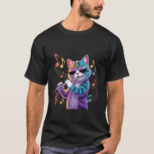 Camiseta Gato Usando Óculos de Sol Tocando Flauta Gato Colo