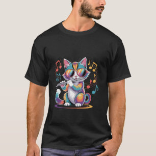 Camiseta Gato Usando Óculos de Sol Tocando Flauta Gato Colo