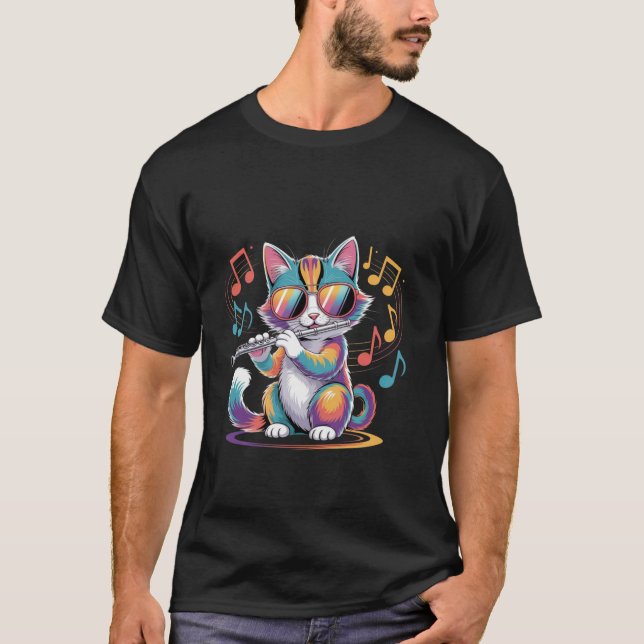 Camiseta Gato Usando Óculos de Sol Tocando Flauta Gato Colo (Frente)