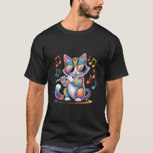 Camiseta Gato Usando Óculos de Sol Tocando Flauta Gato Colo