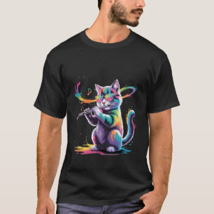 Camiseta Gato Usando Óculos de Sol Tocando Flauta para Home