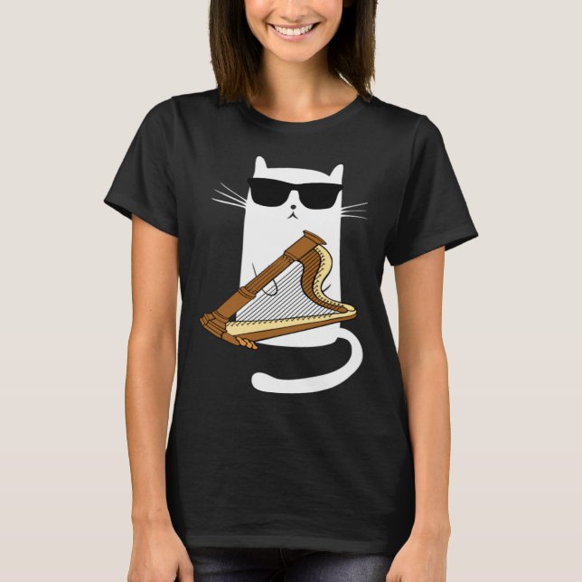 Camiseta Gato Usando Óculos de Sol Tocando Harpa (Frente)