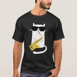 Camiseta Gato Usando Óculos de Sol Tocando Saxofone