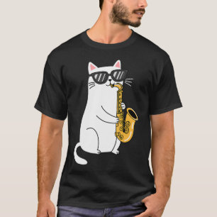 Camiseta Gato Usando Óculos de Sol Tocando Saxofone