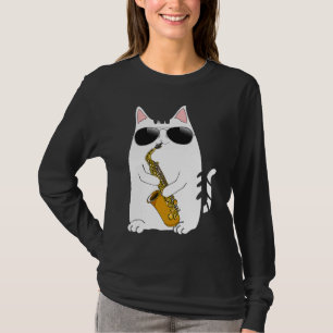 Camiseta Gato Usando Óculos de Sol Tocando Saxofone Saxofon