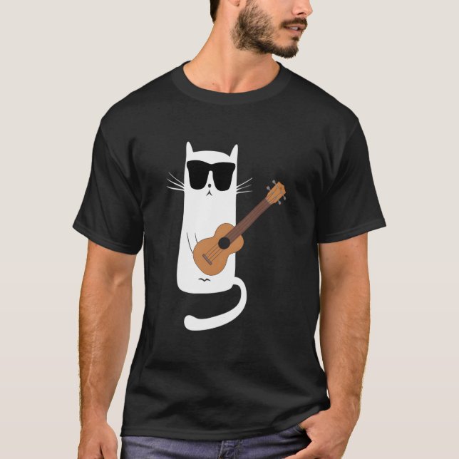 Camiseta Gato Usando Óculos de Sol Tocando Ukulele (Frente)