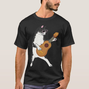 Camiseta Gato Usando Óculos de Sol Tocando Ukulele Música