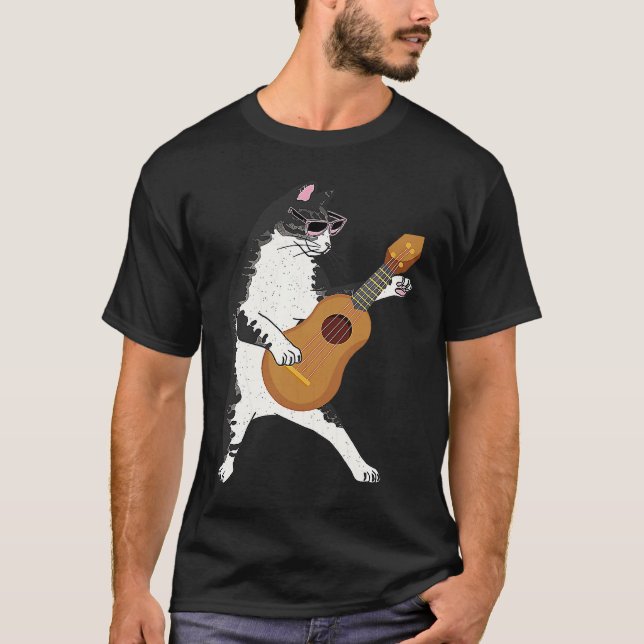 Camiseta Gato Usando Óculos de Sol Tocando Ukulele  Música  (Frente)