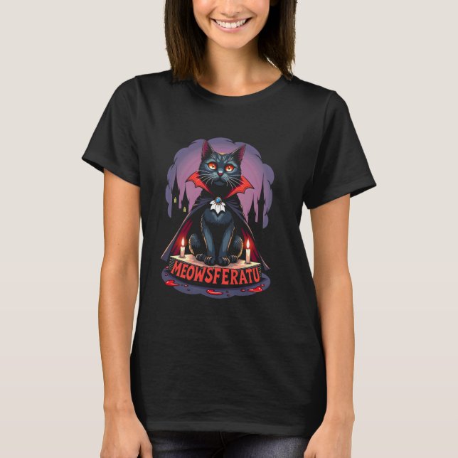 Camiseta Gato Vampiro Fofo Design Neko de Terror Gótico par (Frente)