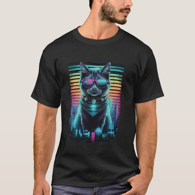 Camiseta gato vaporwave estético synthwave gato cibercunk c (Frente)