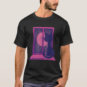Camiseta Gato Vaporwave Lua Gatinho Janela Gráfico
