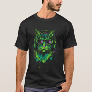 Camiseta gato verde DJ com fones de ouvido e óculos de sol