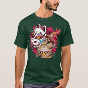 Camiseta Gato Vestindo Kitsune Mask Kawaii Anime Cat Japonê
