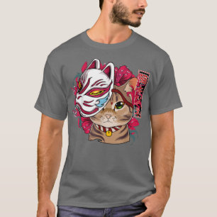 Camiseta Gato Vestindo Kitsune Mask Kawaii Anime Cat Japonê