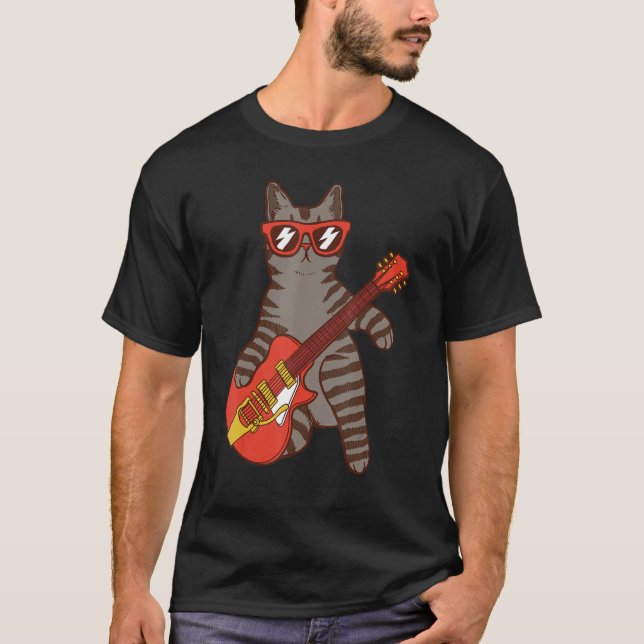 Camiseta Gato vestindo óculos de sol tocando guitarrista (Frente)