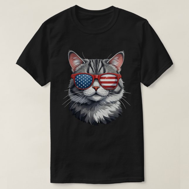 Camiseta Gato Vestindo óculos escuros bandeira americana 4º (Frente do Design)